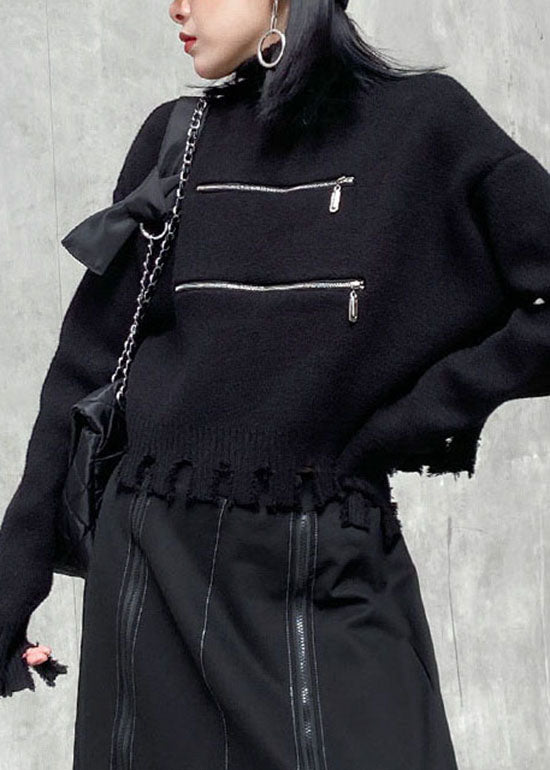 Classy Black Zippered Hole Turtle Neck Knit Sweaters Spring
