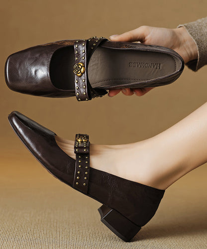Bow Rivet Splicing Chunky Loafer Shoes Black Sheepskin