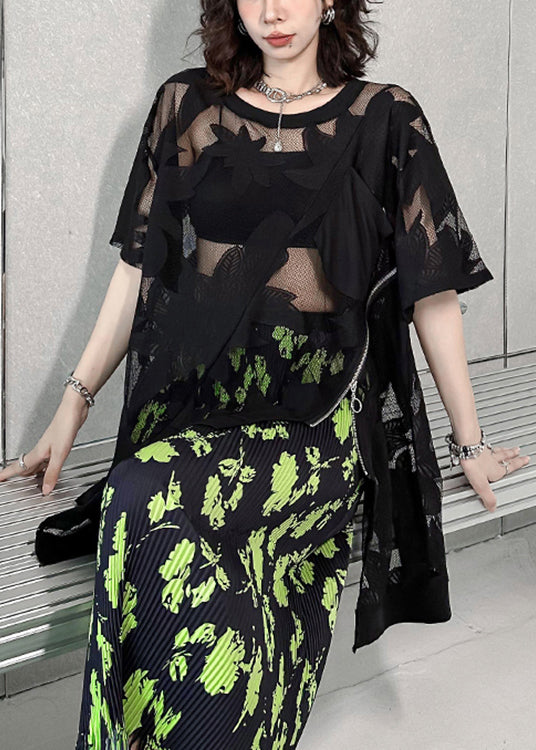 Black Asymmetrical Embroideried Patchwork Lace T Shirt Summer