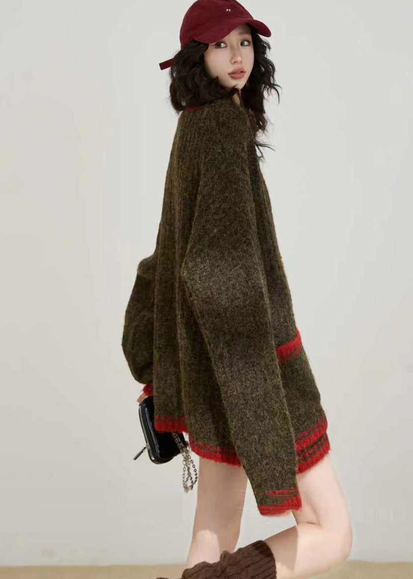 Brown Thick Pockets Knit Loose Two Pieces Set Winter