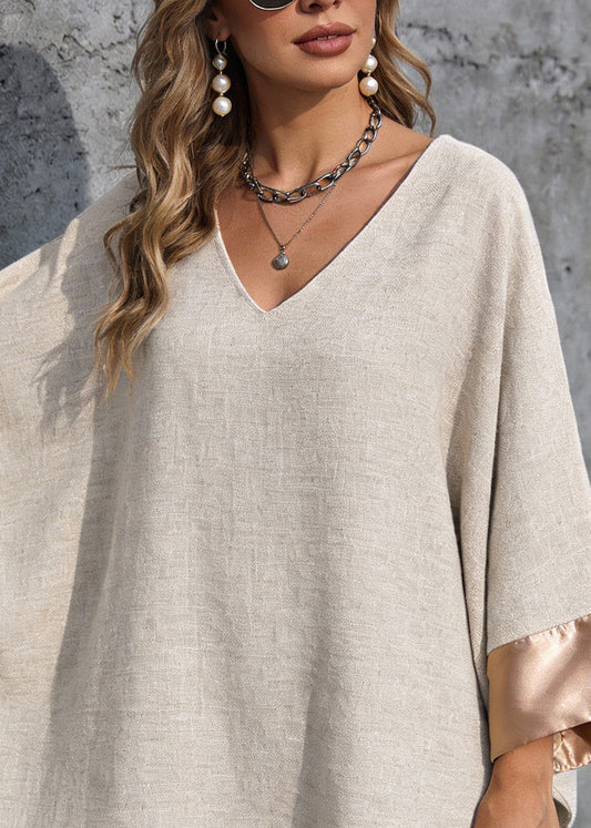 Loose Linen V Neck Oversized Silk Patchwork Dress Batwing Sleeve