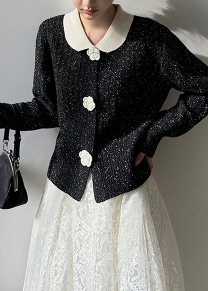 French Black Peter Pan Collar Button Knit Cardigan Fall