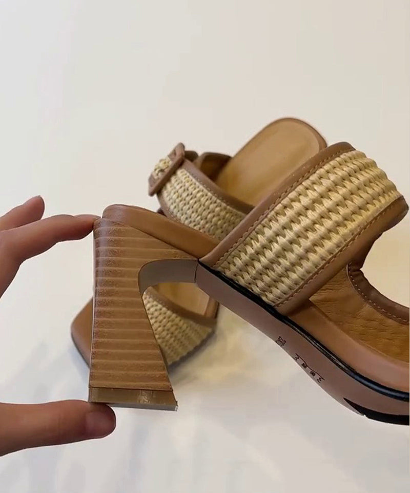 Splicing Chunky Heel Brown Faux Leather Slide Sandals