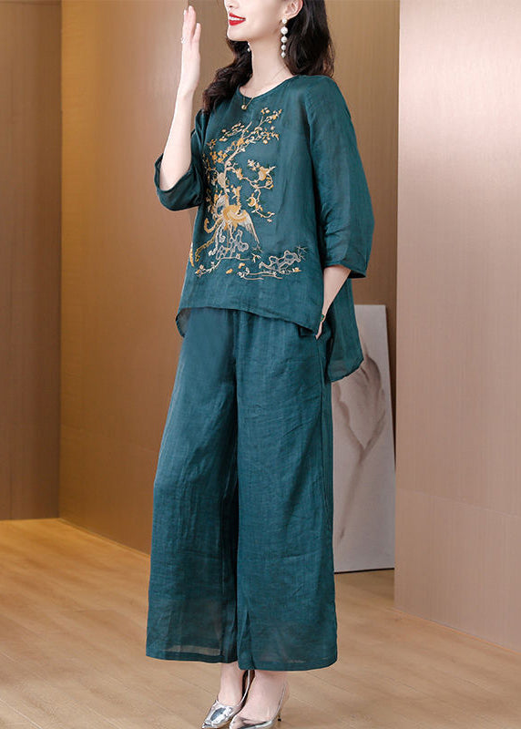 Blackish Green Embroidered Low High Design Linen Two Pieces Set Spring