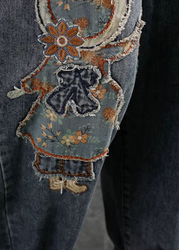 Navy Embroideried Applique Denim Harem Pants Winter