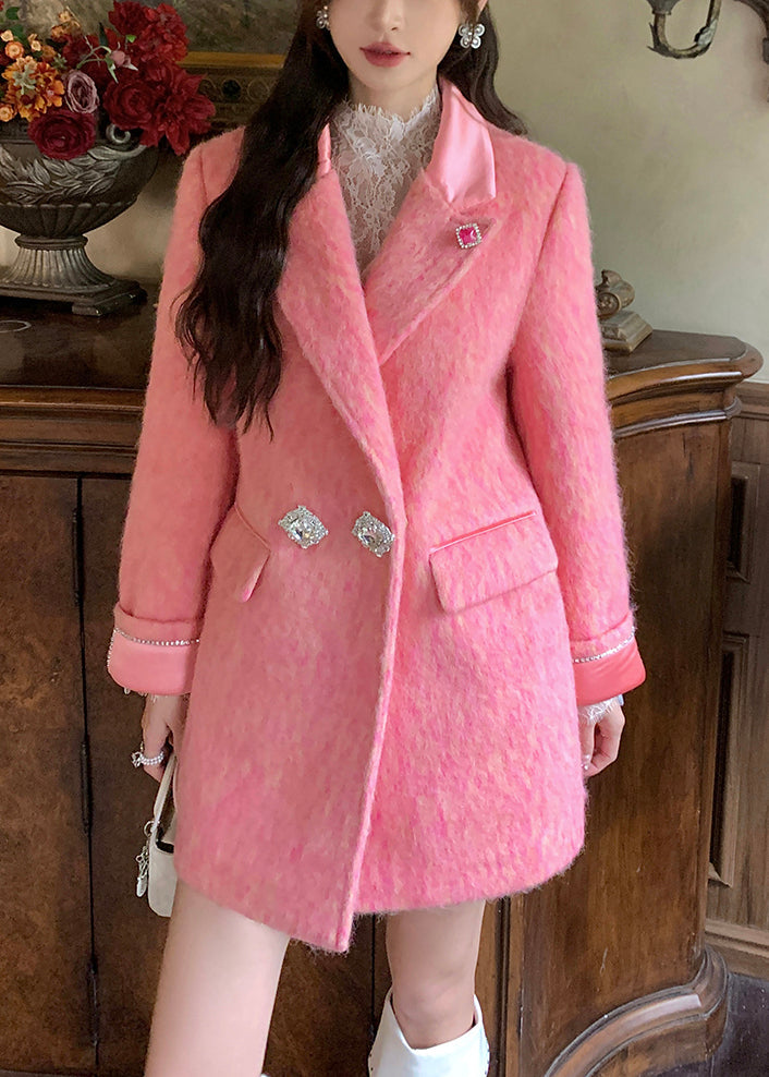Pink Peter Pan Collar Zircon Woolen Coats Winter