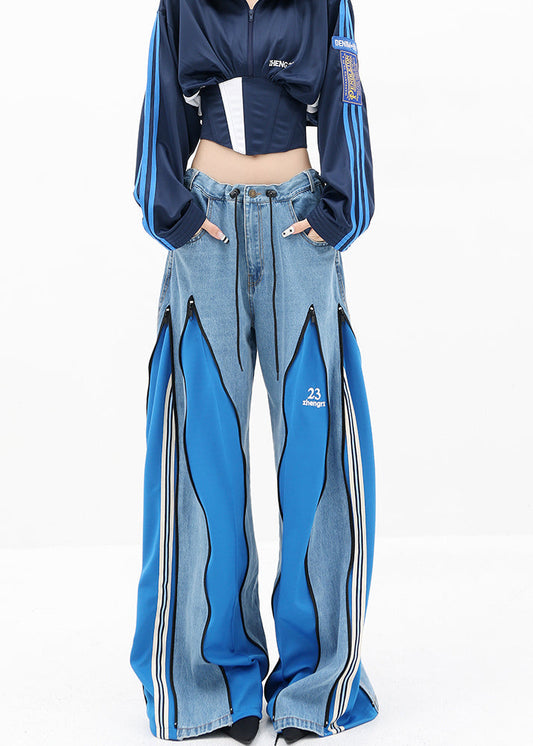 Diy Blue Zip Up Patchwork Drawstring Denim Wide Leg Pants Fall
