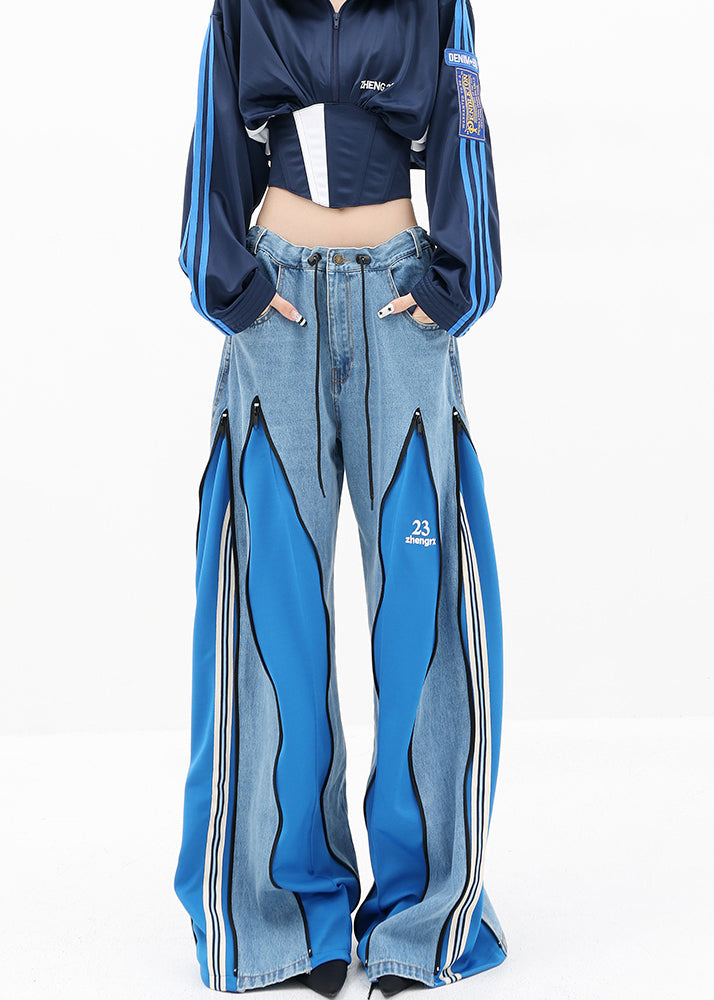 Diy Blue Zip Up Patchwork Drawstring Denim Wide Leg Pants Fall