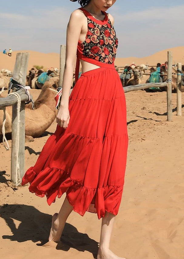 Red Embroidered Lace Up Chiffon Long Dress Sleeveless