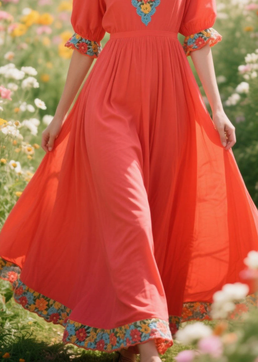 Diy Orange Exra Large Hem Patchwork Flower Cotton Vacation Dresses Summer