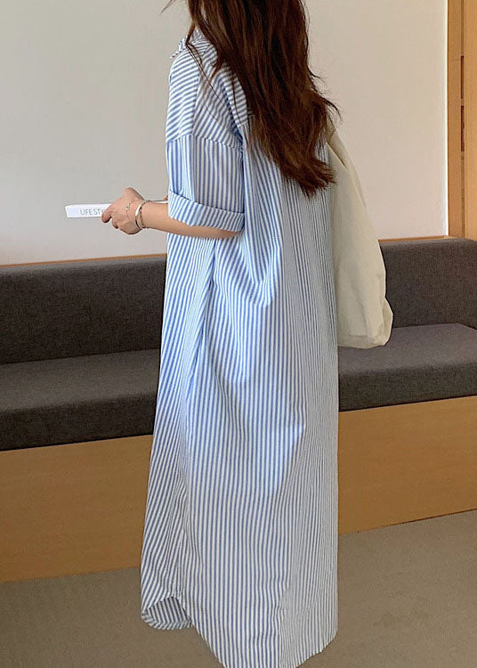Simple Blue Striped Long Shirts Cotton Dress Short Sleeve