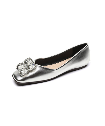 Silver Zircon Cowhide Leather Splicing Penny Loafers