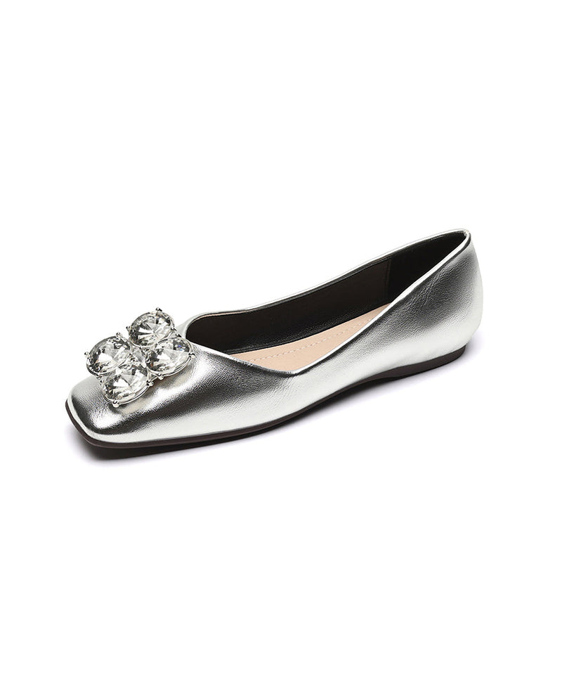 Silver Zircon Cowhide Leather Splicing Penny Loafers