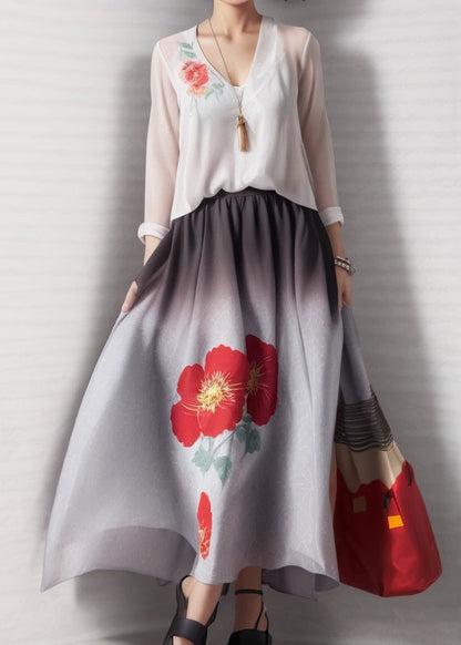 French White V Neck Print False Two Pieces Silk Dress Long Sleeve