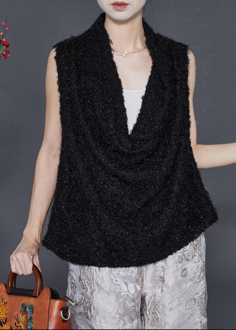 Black V Neck Warm Fuzzy Fur Fluffy Vest Spring