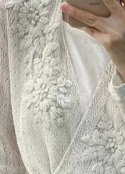 White Lace Up Hollow Out Patchwork Knit Top Fall