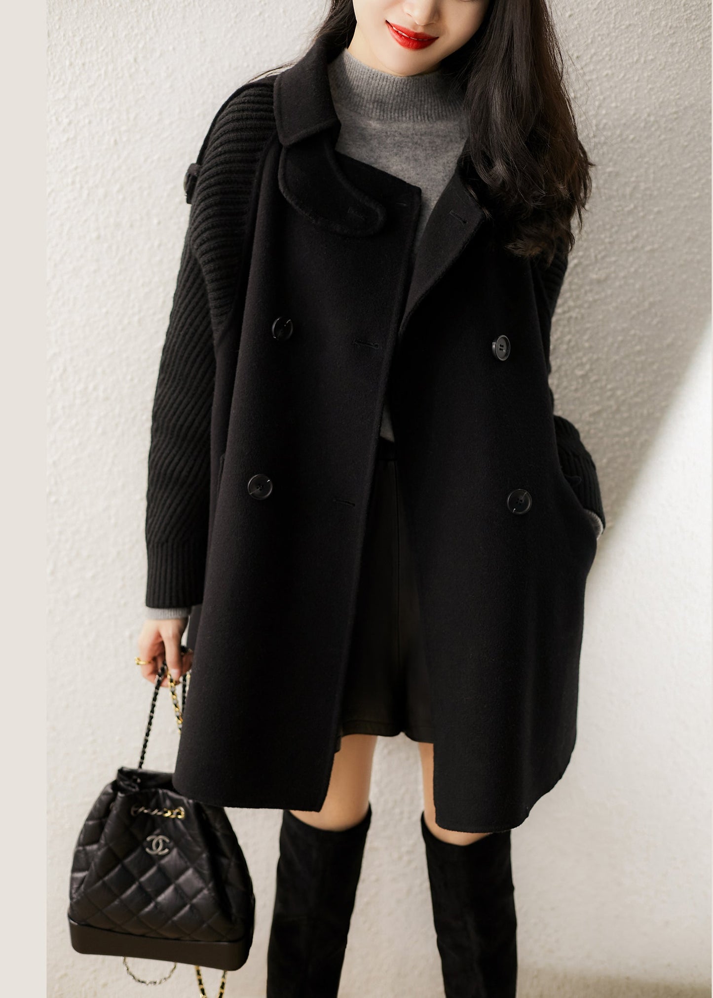 Black Peter Pan Collar Pockets Woolen Coats Spring