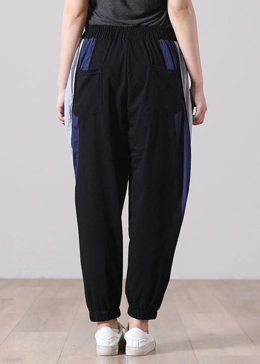 Black Elastic Waist Pockets Sports Cotton Pants