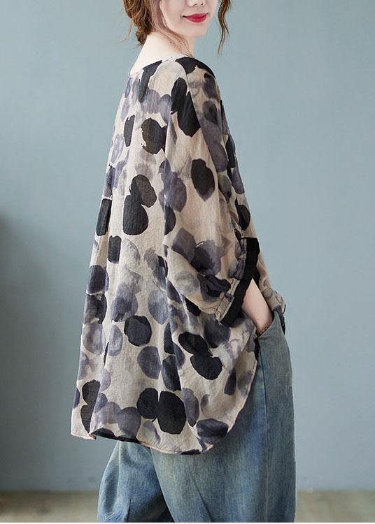 Cotton Linen Gray Dotted Top Batwing Sleeve