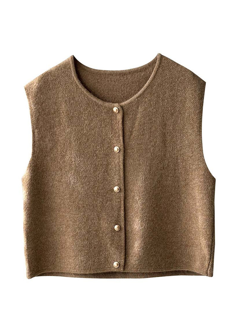 Khaki O Neck Button Knit Vest Tops Sleeveless