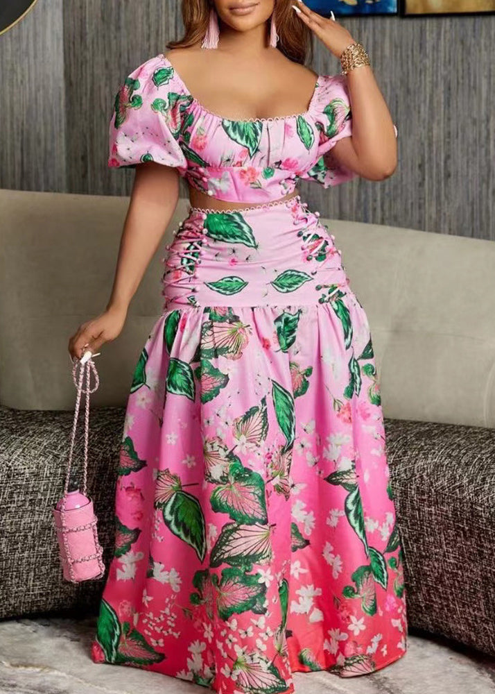 New Pink Gradient Color Print Tops and Skirts Cotton Two Pieces Set Summer