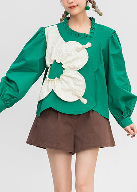 Classy Green O-neck Patchwork Cotton Shirt Spring