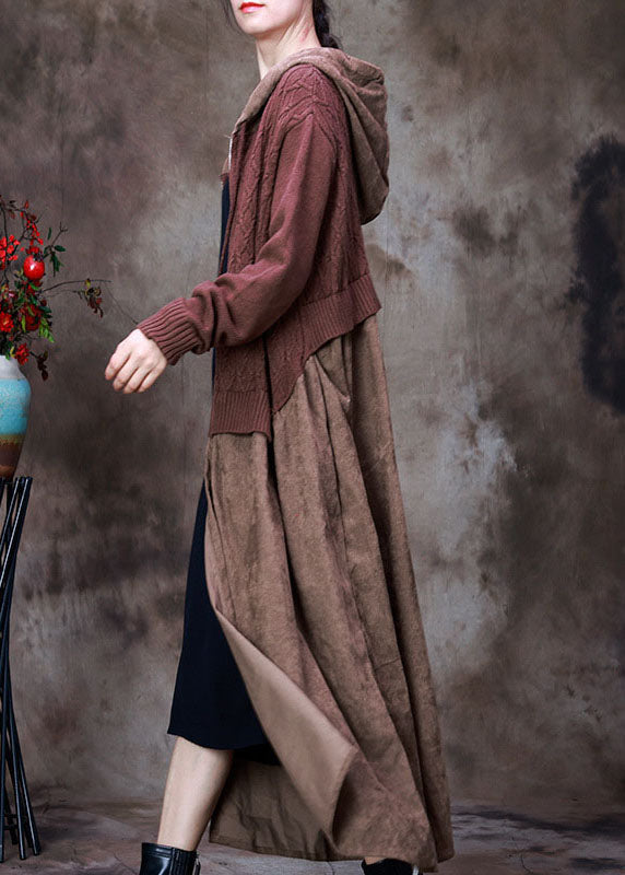 Chocolate Zippered Drawstring Hooded Patchwork Knit Coats Spring