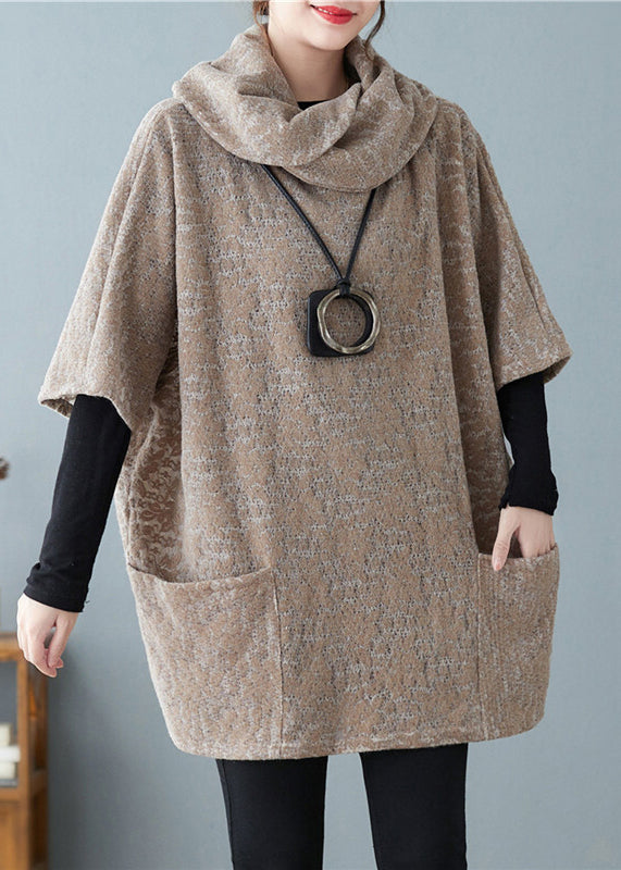 Khaki Turtle Neck Jacquard Woolen Tops Short Sleeve