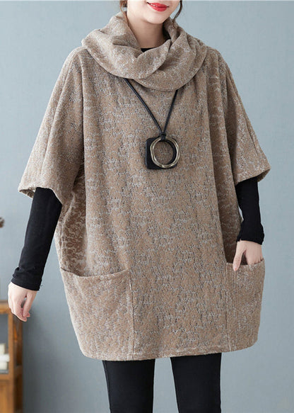 Khaki Turtle Neck Jacquard Woolen Tops Short Sleeve