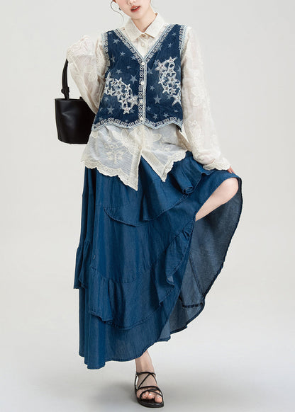 Style Embroidered Denim Vest Shirt Asymmetrical Skirts Set Summer