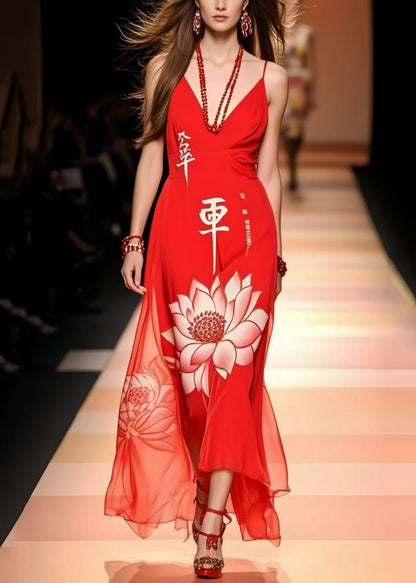 Red Lotus Print Chiffon Cami Dresses Summer