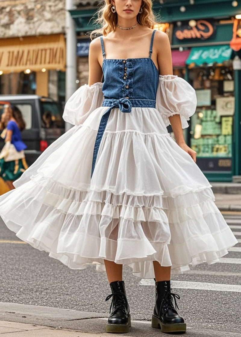 Cold Shoulder Patchwork Denim Tulle Maxi Dresses Puff Sleeve