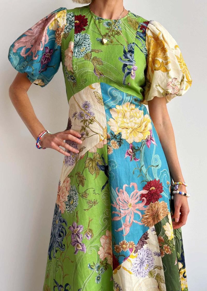 O Neck Print Cotton Long Dress Lantern Sleeve