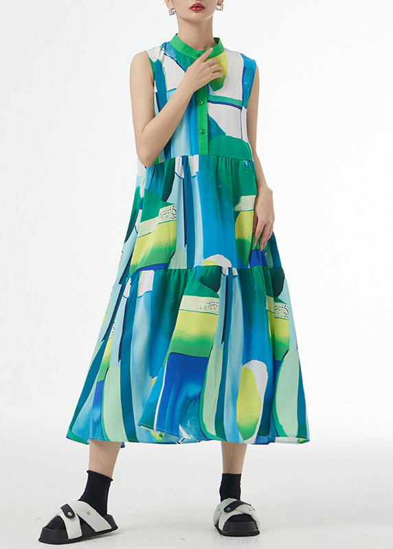 Green Stand Collar Print Patchwork Cotton Party Long Dresses Sleeveless