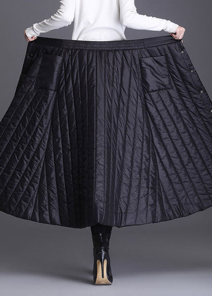 Black Button Pockets Fine Cotton Filled Skirts Winter