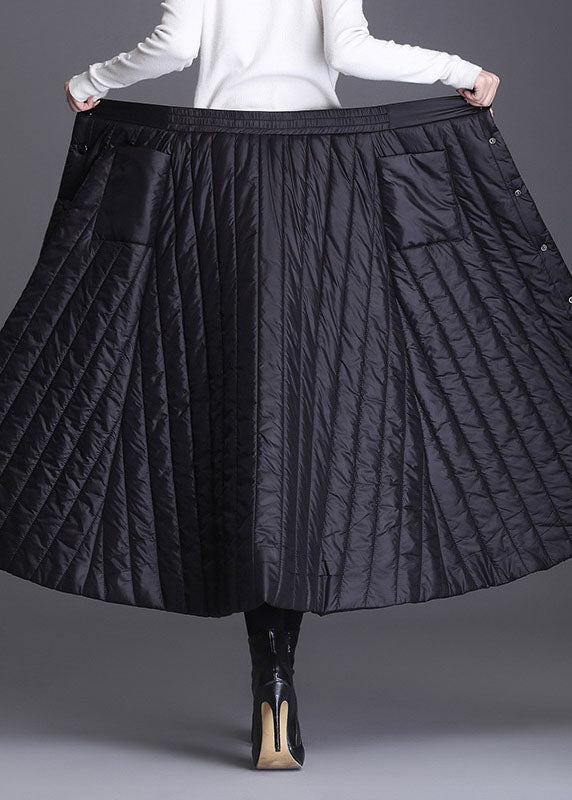 Black Button Pockets Fine Cotton Filled Skirts Winter