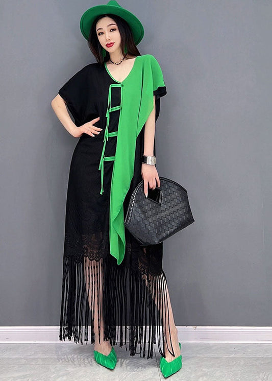 Colorblock Asymmetrical Patchwork Tassel Lace Vacation Dress Short Sleeve