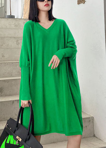 French Green V Neck Patchwork Fall Knitwear Dress