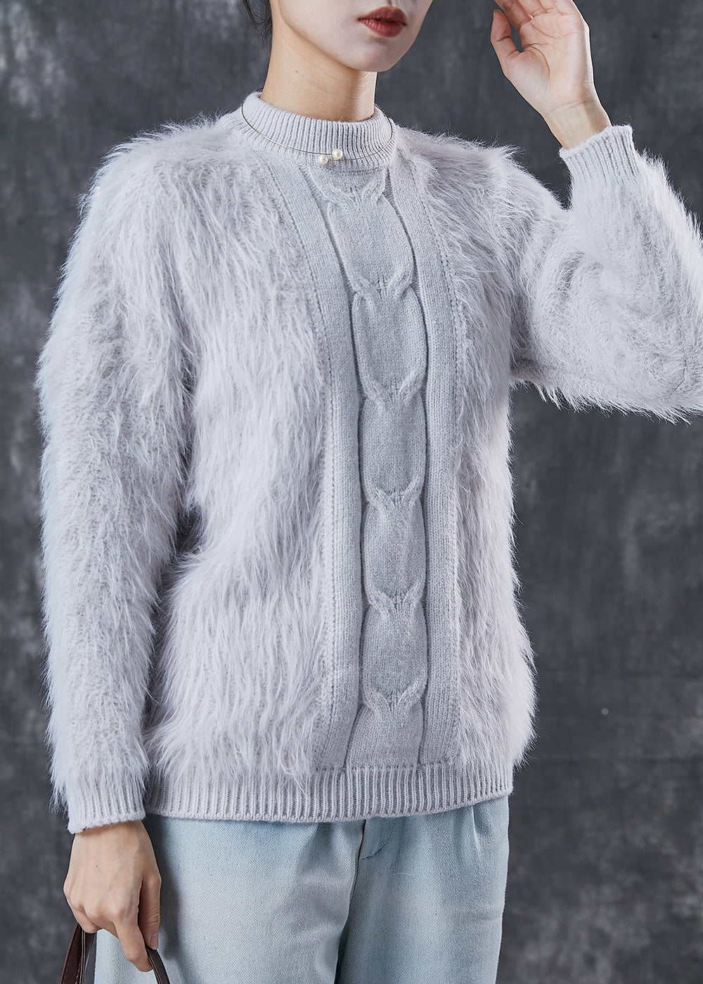 Grey Thick Patchwork Knit Short Sweater Winter