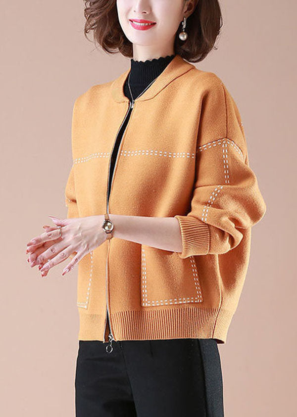 Stylish Orange O-neck Zip Up Pockets Print Knit Coats Long Sleeve