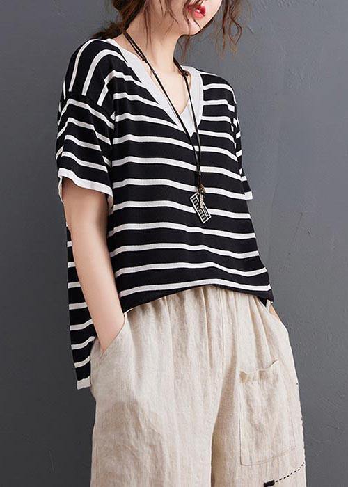Black Striped V Neck Cotton Linen Summer Tee