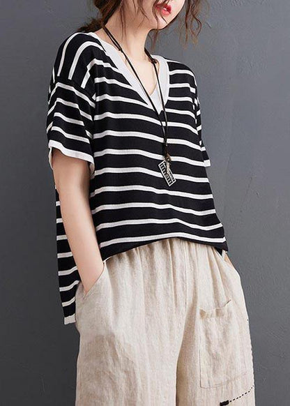 Black Striped V Neck Cotton Linen Summer Tee