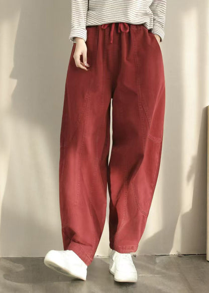 Orange Pockets Elastic Waist Cotton Harem Pants Spring