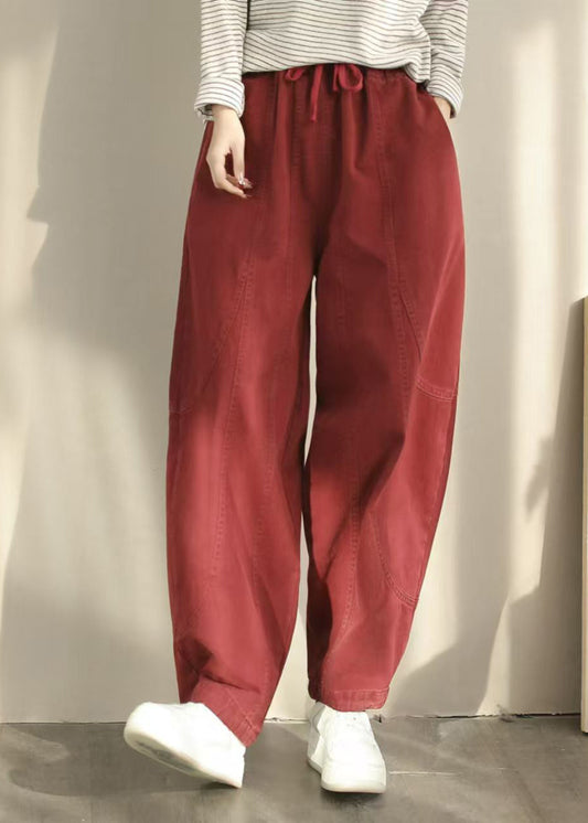 Orange Pockets Elastic Waist Cotton Harem Pants Spring