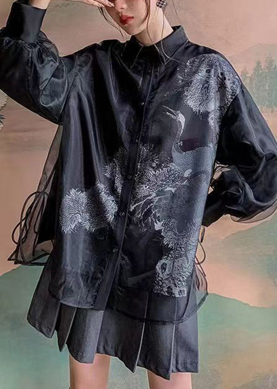 Black Peter Pan Collar Print Tulle Patchwork Silk Shirts Long Sleeve