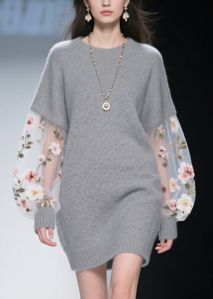 Grey O Neck Tulle Patchwork Knit Dress Winter
