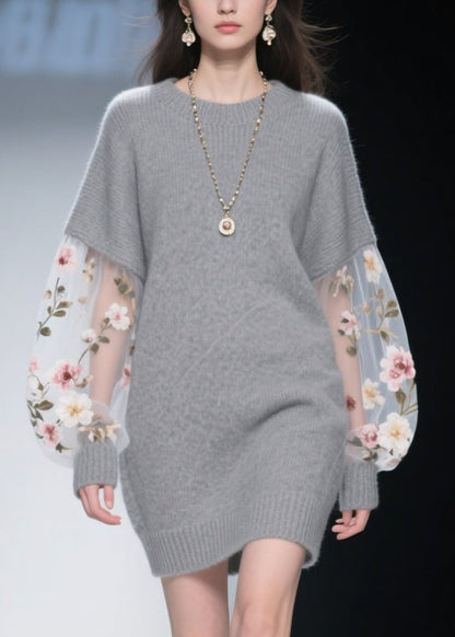 Grey O Neck Tulle Patchwork Knit Dress Winter