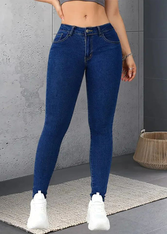 Dark Blue Pockets Button Patchwork Denim Pants