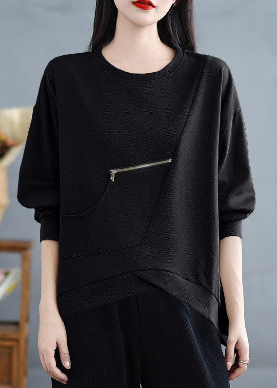 Black Pockets Patchwork Cotton Top Zip Up O-neck Spring