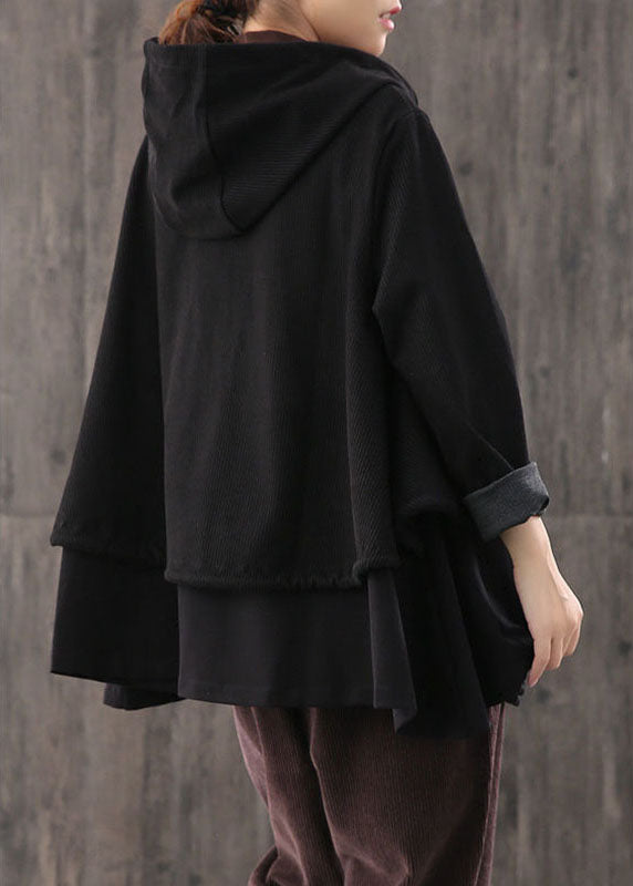 Handmade Black Drawstring Patchwork Striped Coat Fall